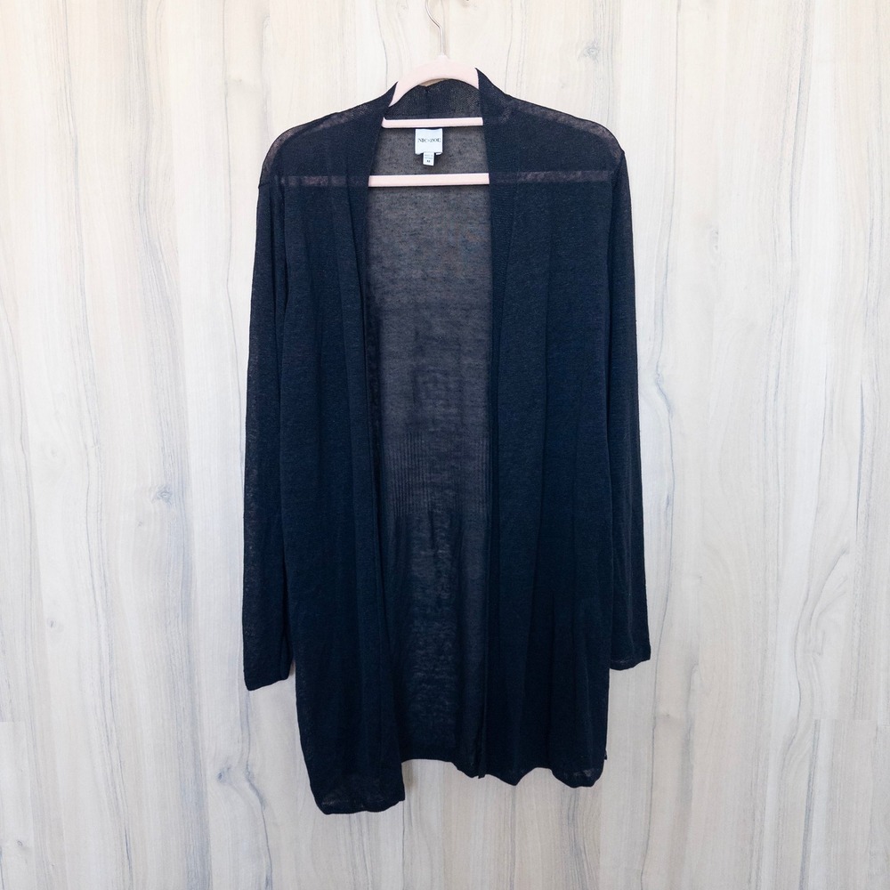NIC+ZOE Womens Linen Cardigan M Black Sheer Open Front Longline Coastal Luxury